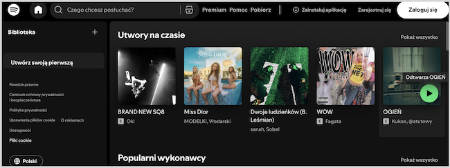 Zrzut ekranu landinga Spotify