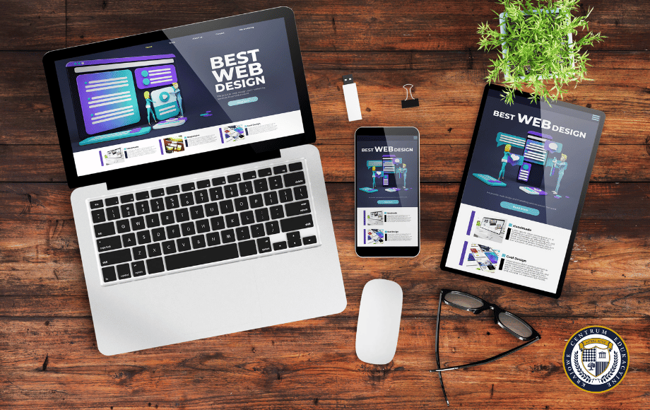 Responsywna strona "BEST WEB DESIGN" wyświetlona na laptopie, smartfonie i tablecie, pokazująca jak ten sam projekt automatycznie dostosowuje się do różnych rozmiarów ekranów.