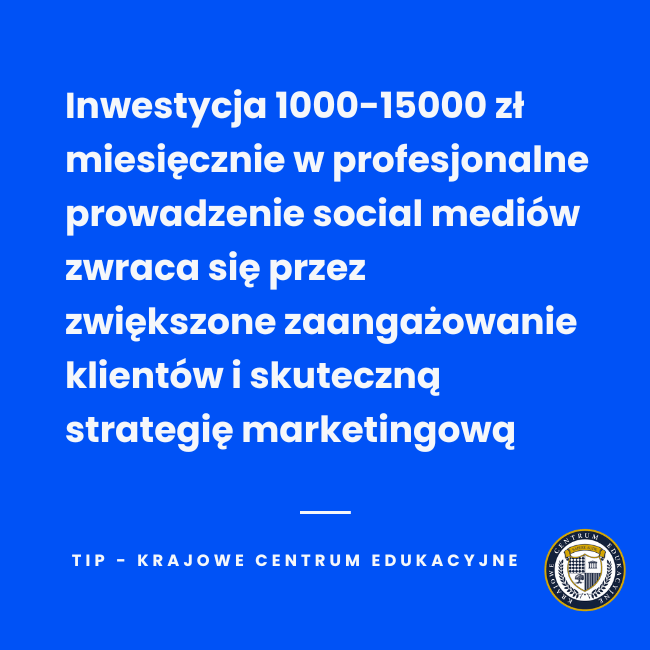 Infografika z niebieskim tłem przedstawiająca koszt prowadzenia social mediów 1000-15000 zł miesięcznie oraz korzyści w postaci zwiększonego zaangażowania klientów i skutecznej strategii marketingowej
