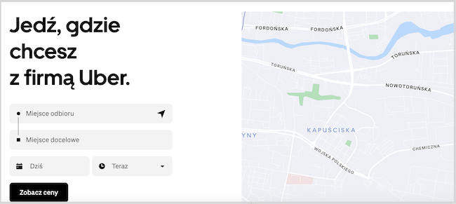 Zrzut ekranu landingu Ubera