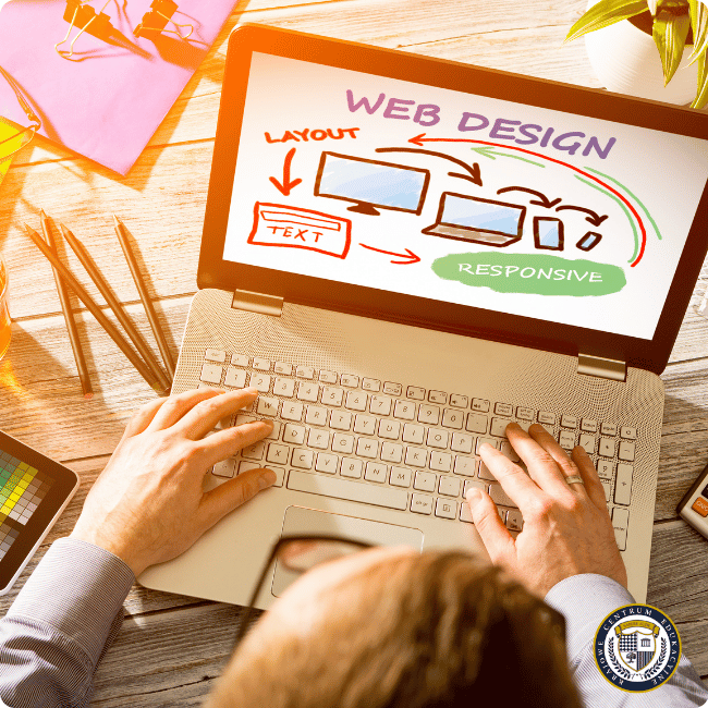soba projektująca responsywną stronę na laptopie ze schematem pokazującym adaptację układu "WEB DESIGN" na różne urządzenia - od komputera do smartfona, z wyróżnionym słowem "RESPONSIVE"