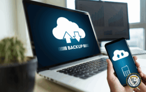 WordPress Backup - laptop i telefon pokazujące proces tworzenia kopii zapasowej w chmurze, z symbolem chmury i strzałkami synchronizacji
