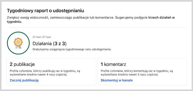 Zrzut ekranu o tygodniowym raporcie Linkedinie