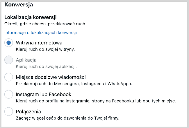 Zrzut ekranu z menedżera reklam na Facebooku - umiejscowienie kampanii