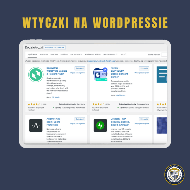 Zrzut ekranu przedstawiający stronę 'Wtyczki na WordPressie' w panelu administratora. Widoczne są cztery polecane wtyczki: BackWPup - WordPress Backup & Restore Plugin, Termly - GDPR/CCPA Cookie Consent Banner, Akismet Anti-Spam Protection, oraz Jetpack - WP Security, Backup, Speed & Growth. Każda wtyczka ma swój opis, ocenę użytkowników w postaci gwiazdek oraz przycisk 'Zainstaluj'. Na górze strony znajduje się pasek wyszukiwania i filtry kategorii wtyczek