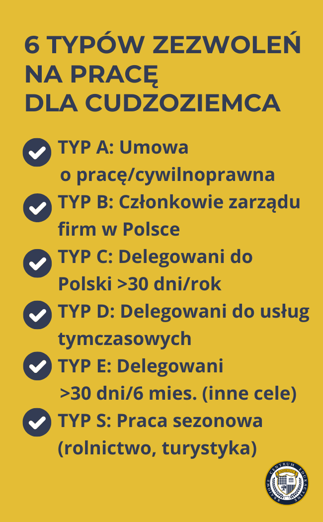 Infografika przedstawiająca 6 typów zezwoleń na pracę dla cudzoziemca w Polsce, od typu A do typu S, na żółtym tle.