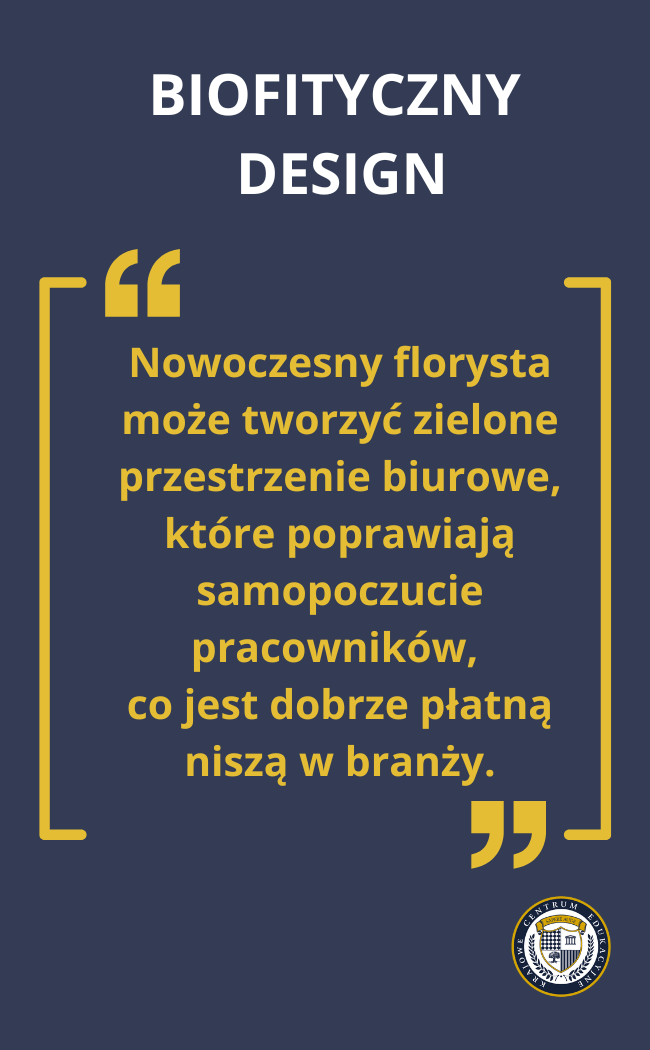 Cytat o biofitycznym designie dla florystów na granatowym tle z żółtymi elementami graficznymi i logo