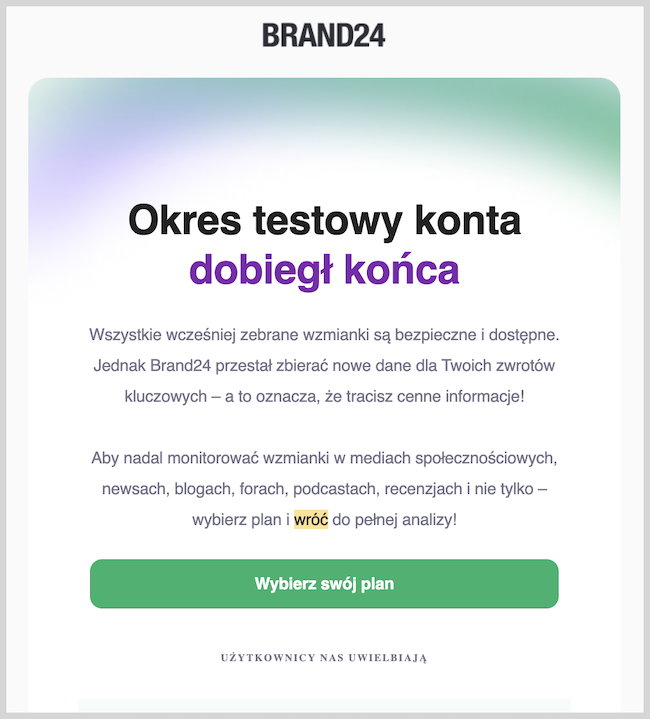 Zrzut ekranu prezentujący Brand24 i ich email remarketingowy zachęcający do powrotu