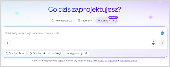 Zrzut ekranu nowej funkcjonalności Canva AI