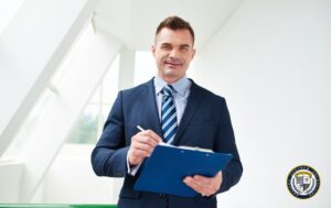 Uśmiechnięty menedżer w granatowym garniturze i krawacie, stojący w jasnym, nowoczesnym biurze, trzymający niebieski clipboard i długopis
