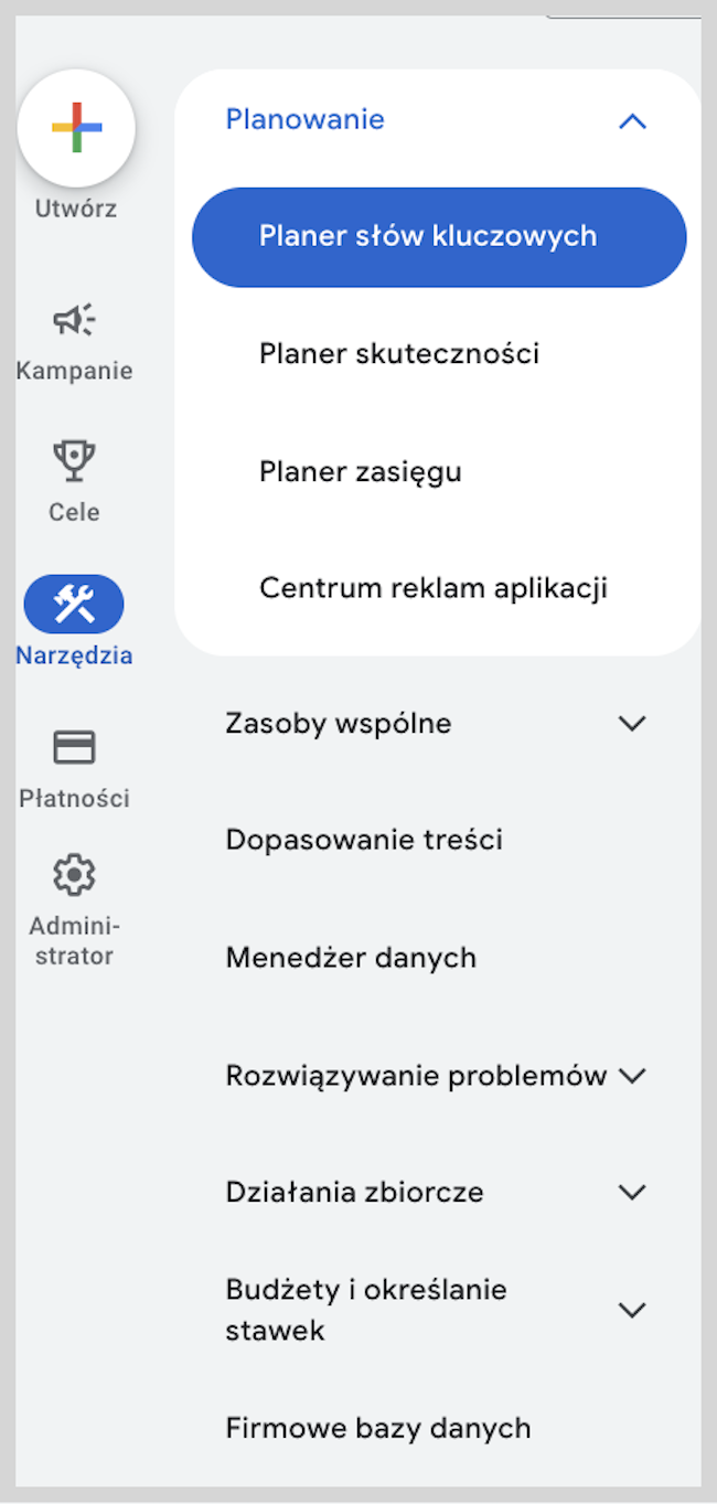 Zrzut ekranu panelu administracyjnego Google Ads - skuteczność, planer słów kluczowych