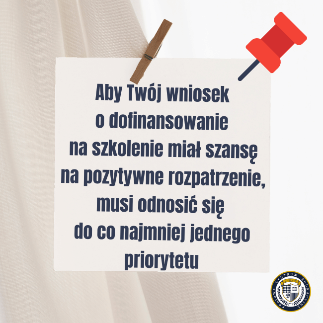 Infografika o priorytetach w dofinansowaniu szkoleń KFS - warunki pozytywnego rozpatrzenia wniosku