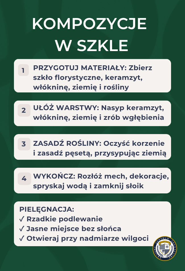 Kompozycje w szkle - infografika z 4-etapowym przewodnikiem tworzenia terrarium i wskazówkami pielęgnacyjnymi