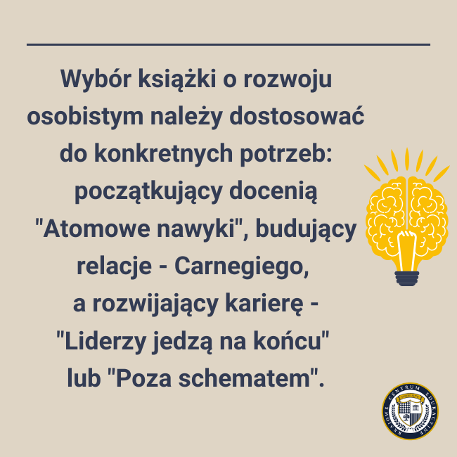 Grafika informacyjna z tekstem o dopasowaniu książek rozwojowych do potrzeb czytelnika, z ikoną żarówki z mózgiem symbolizującą rozwój osobisty, na beżowym tle.