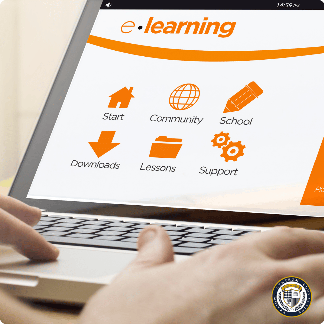 Laptop wyświetlający interfejs platformy e-learning z ikonami takimi jak "Start" czy "Lessons"