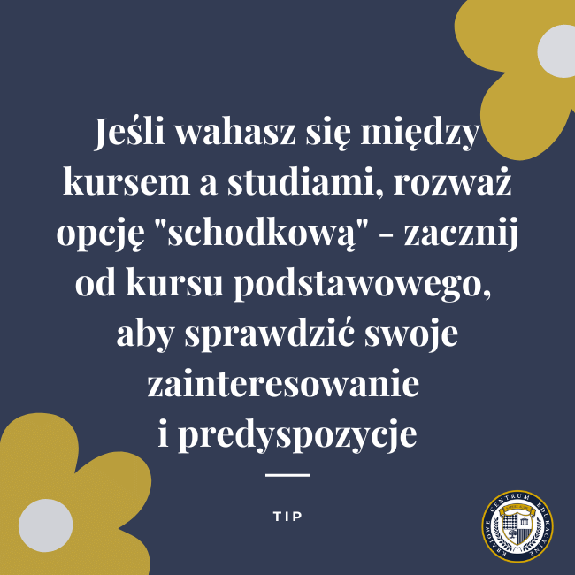 Grafika z tipem florystycznym na granatowym tle z żółtymi kwiatami - rada o wyborze opcji schodkowej w kształceniu florystycznym