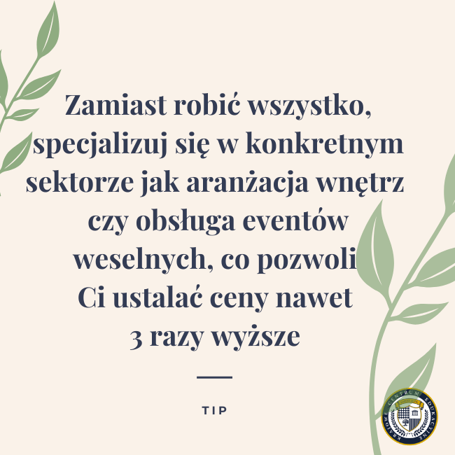 Alt tekst:Grafika z tipem dla florystów na jasnobeżowym tle z zielonymi liśćmi. Tekst: "Zamiast robić wszystko, specjalizuj się w konkretnym sektorze jak aranżacja wnętrz czy obsługa eventów weselnych, co pozwoli Ci ustalać ceny nawet 3 razy wyższe". Na dole logo i napis "TIP".