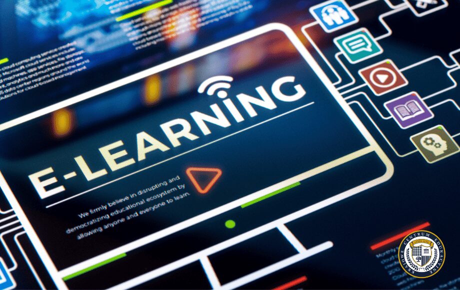 Ekran wyświetlający 'E-LEARNING' z ikonami słuchawek, książek i innych elementów edukacyjnych, na ciemnym tle.