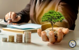 Biznesmen trzyma drzewo nad monetami - dofinansowanie dla firm na rozwój