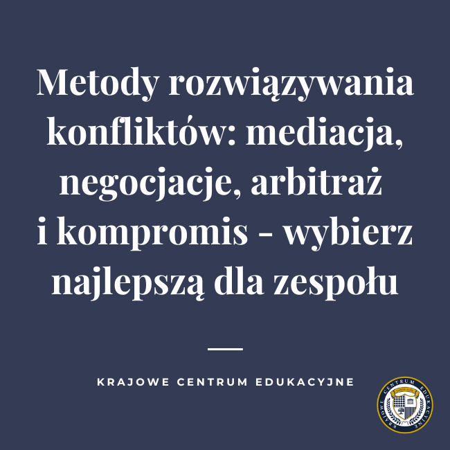 cztery metody rozwiązywania konfliktów: mediacja, negocjacje, arbitraż i kompromis z zachętą do wyboru najlepszej dla zespołu, na ciemnoniebieskim tle z logo Krajowego Centrum Edukacyjnego