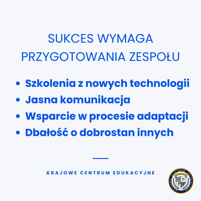Infografika pokazująca 4 kluczowe elementy przygotowania zespołu do wdrożenia megatrendów biznesowych na jasnym tle z logo Krajowego Centrum Edukacyjnego