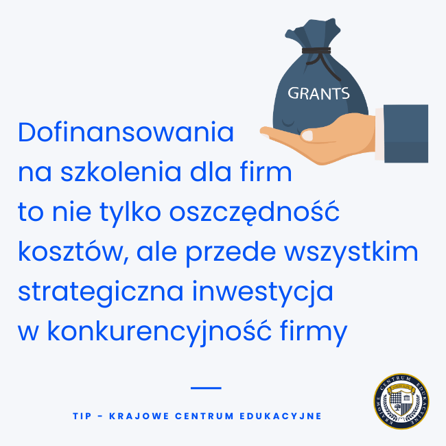 Infografika o dofinansowaniach na szkolenia dla firm - dłoń trzyma worek z napisem "GRANTS", symbolizując strategiczną inwestycję w konkurencyjność