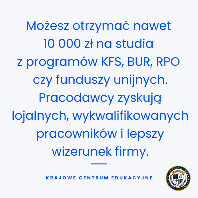 Infografika o dofinansowaniu do studiów - możliwość otrzymania nawet 10 000 zł z programów KFS, BUR, RPO i funduszy unijnych