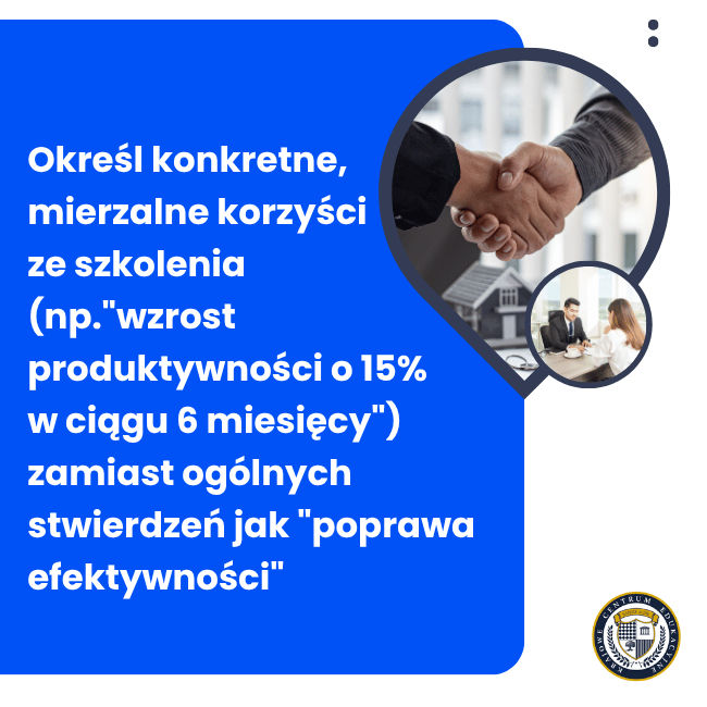 Infografika na niebieskim tle ze zdjęciem uścisku dłoni i osób w garniturach podczas spotkania biznesowego, prezentująca tip o określaniu konkretnych korzyści ze szkolenia zamiast ogólnych stwierdzeń