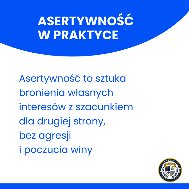 Asertywność w negocjacjach z niebieskim nagłówkiem i definicją na białym tle
