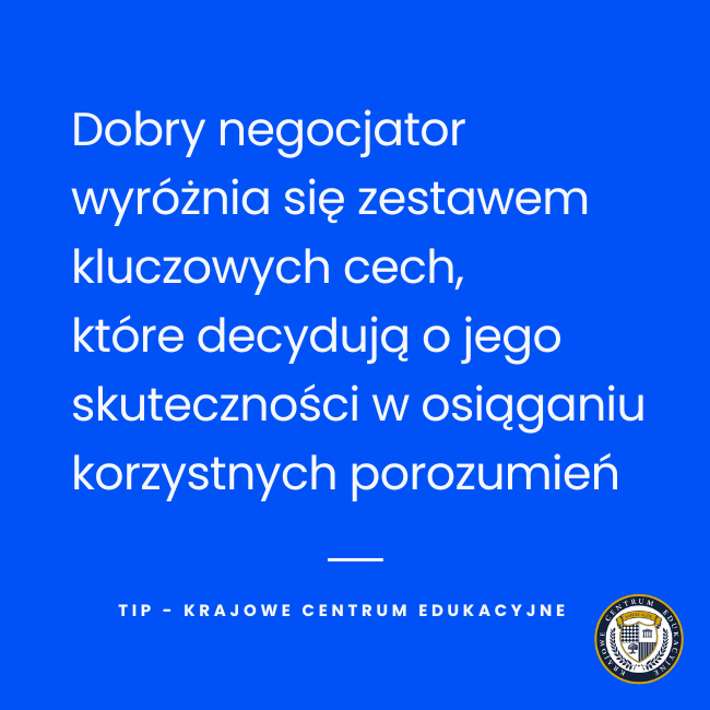 Podsumowanie kluczowych cech dobrego negocjatora na niebieskim tle z logo Krajowego Centrum Edukacyjnego