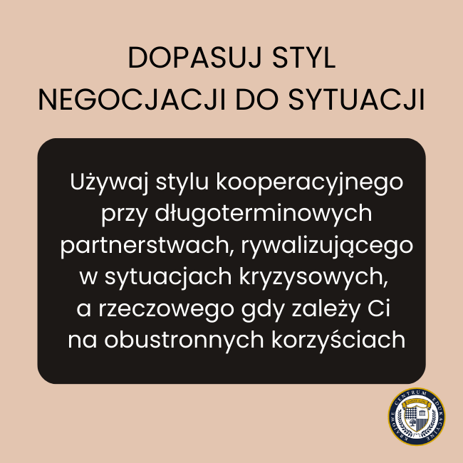 Wskazówka dotycząca doboru stylu negocjacji w zależności od sytuacji biznesowej
