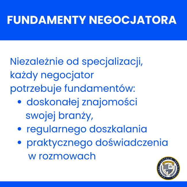 Infografika z trzema fundamentami kariery negocjatora: znajomość branży, doszkalanie i doświadczenie praktyczne, na niebieskim tle z logo KCE