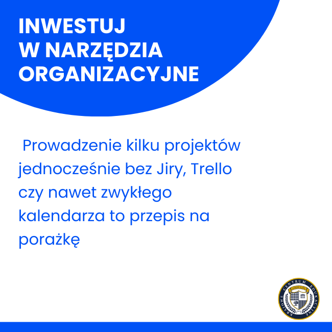 Infografika z poradą o narzędziach organizacyjnych dla Project Managera - Jira, Trello, kalendarz