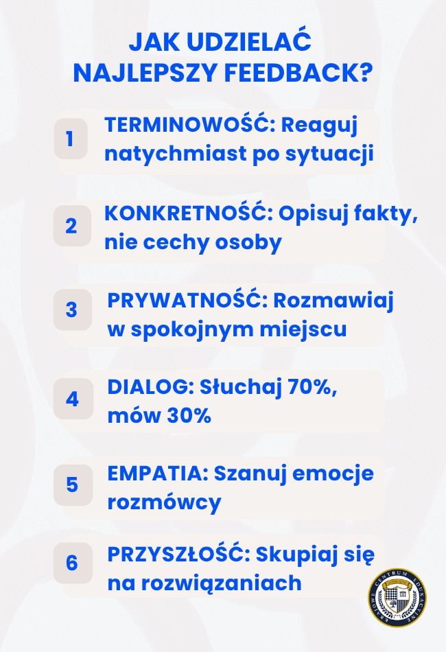 Infografika z 6 zasadami udzielania najlepszego feedbacku - od terminowości po skupienie na przyszłości