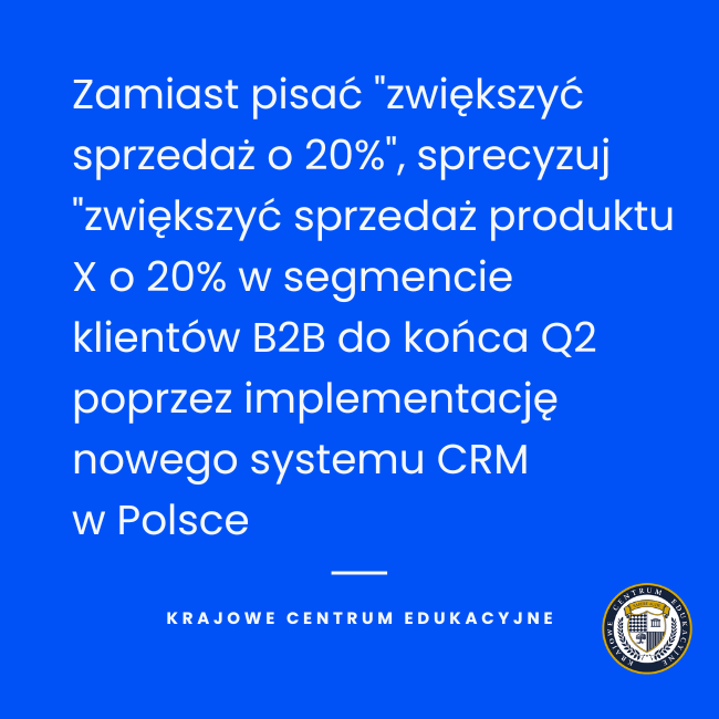 Tip metody SMART - przykład precyzyjnego formułowania celu sprzedażowego zamiast ogólnikowego stwierdzenia