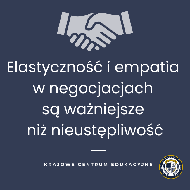 ikona uścisku dłoni i napisem o elastyczności i empatii w negocjacjach biznesowych - Krajowe Centrum Edukacyjne