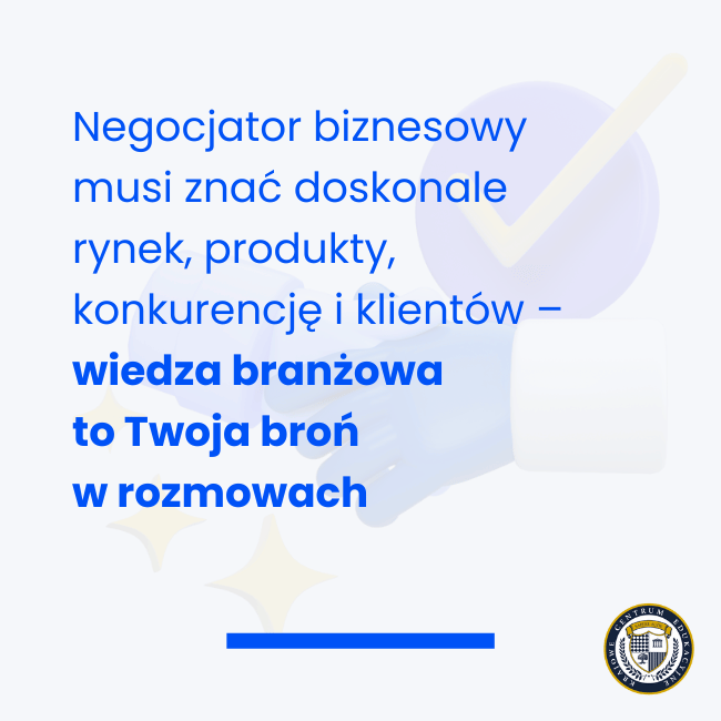 nfografika z poradą dla negocjatorów biznesowych o znaczeniu wiedzy branżowej, z dekoracyjnymi elementami graficznymi i logo