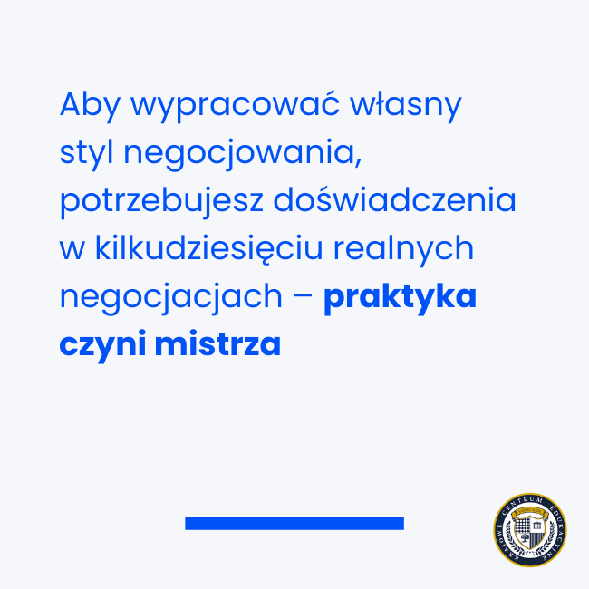 Infografika z poradą dotyczącą rozwoju umiejętności negocjacyjnych na niebieskim tle z logo KCE