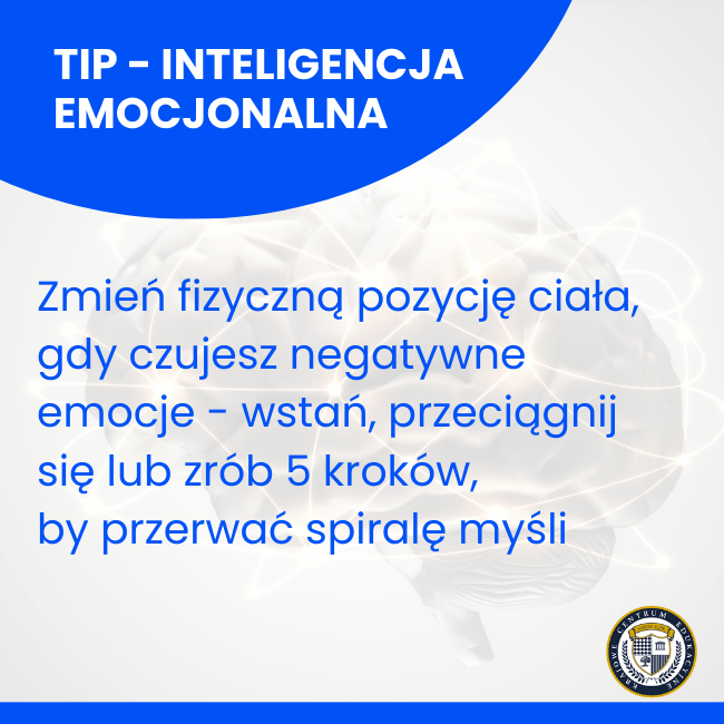 Infografika z tipem dotyczącym inteligencji emocjonalnej - technika zmiany pozycji ciała przy negatywnych emocjach.