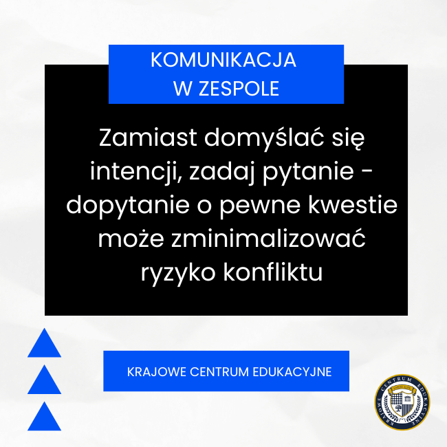 Infografika o komunikacja w zespole przedstawiająca zasadę zadawania pytań zamiast domyślania się intencji