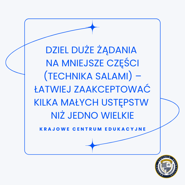 Infografika z tipem negocjacyjnym na jasnym tle: "Dziel duże żądania na mniejsze części (technika salami) - łatwiej zaakceptować kilka małych ustępstw niż jedno wielkie".