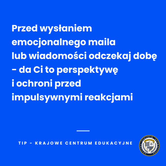 Niebieska infografika z tipem dotyczącym inteligencji emocjonalnej - zasada 24 godzin przed wysłaniem emocjonalnej wiadomości