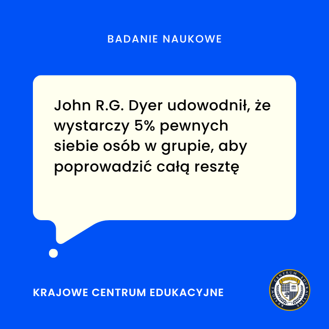 Infografika przedstawiająca badanie naukowe Johna R.G. Dyera o wywieraniu wpływu - wystarczy 5% pewnych siebie osób, aby poprowadzić całą grupę