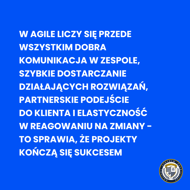 Infografika przedstawiająca kluczowe wartości metodyki Agile: komunikacja zespołowa, szybkie dostarczanie rozwiązań, partnerstwo z klientem i elastyczność.