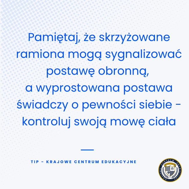 Infografika z tipem o mowie ciała - skrzyżowane ramiona sygnalizują postawę obronną, wyprostowana postawa świadczy o pewności siebie.