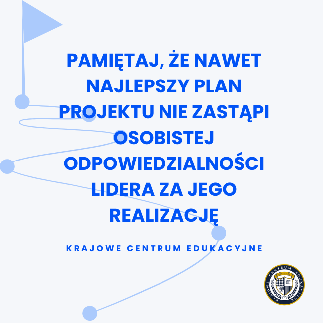 Cytat motywacyjny o odpowiedzialności lidera za realizację projektu na jasnym tle z grafiką flagi