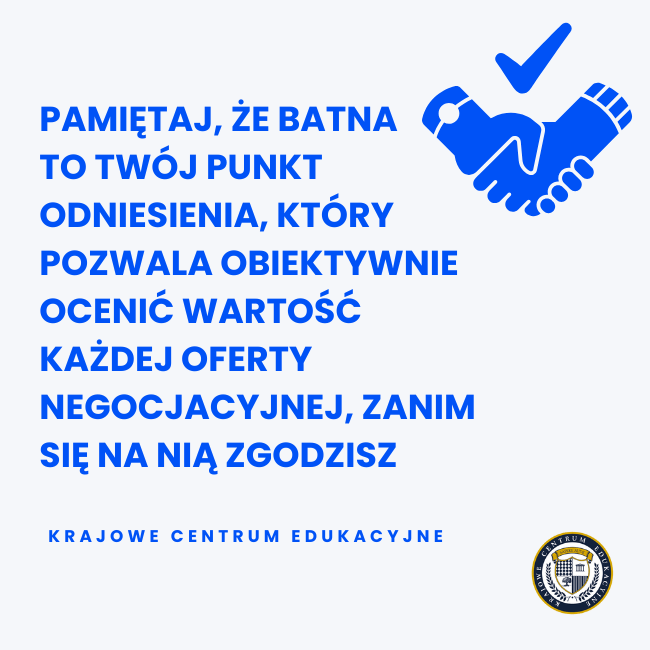 Biały tekst na niebieskim tle podkreśla, że BATNA jest kluczowym punktem odniesienia, który pozwala obiektywnie oceniać oferty negocjacyjne.