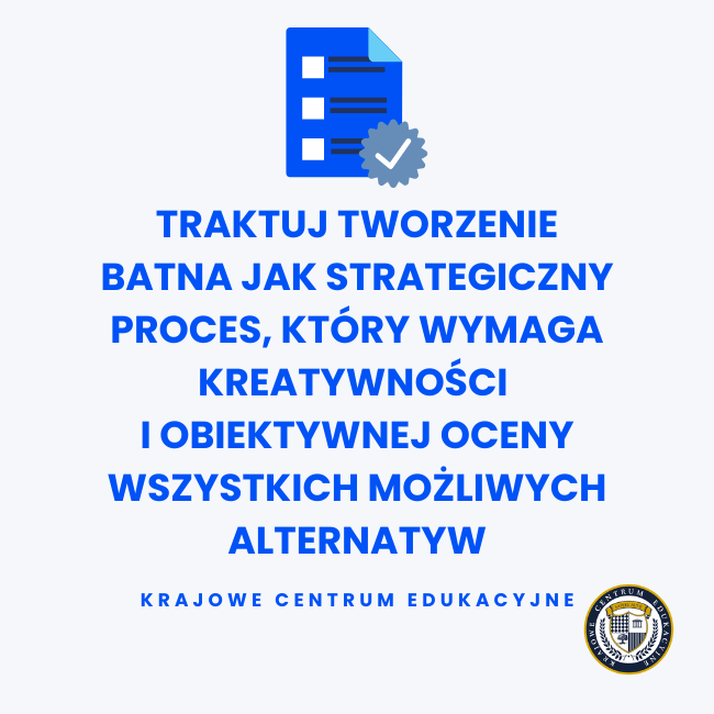Biały tekst na niebieskim tle z hasłem o strategicznym tworzeniu BATNA