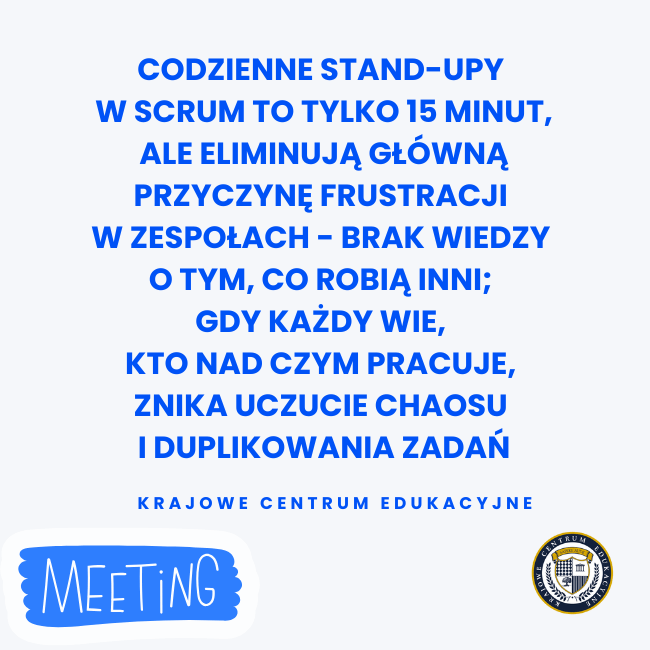 Infografika o daily Scrum meetings - 15-minutowe spotkania eliminujące chaos i duplikowanie zadań w zespołach, napis "MEETING" w stylu odręcznym