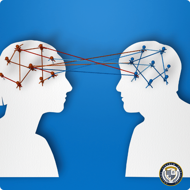 Dwie sylwetki głów połączone siecią punktów symbolizujące wymianę myśli i współpracę w procesie design thinking.